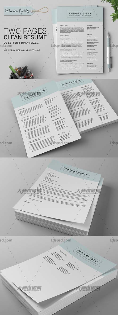 2 Pages Clean Resume CV - Pandora,个人简历模板(INDD/DOCX/PSD)
